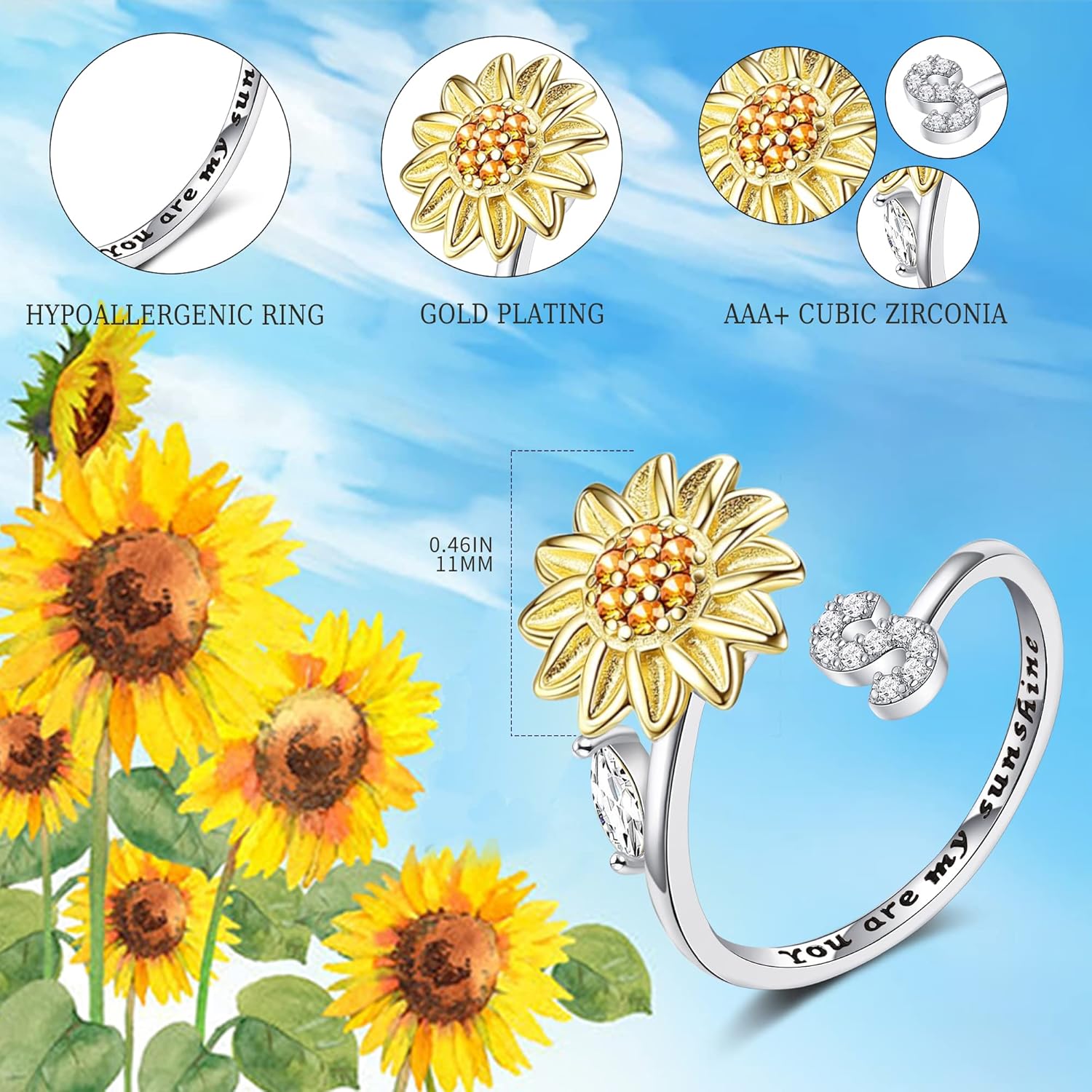 【LAST DAY 49% OFF】Sunflower Initial Letter Spinner Ring