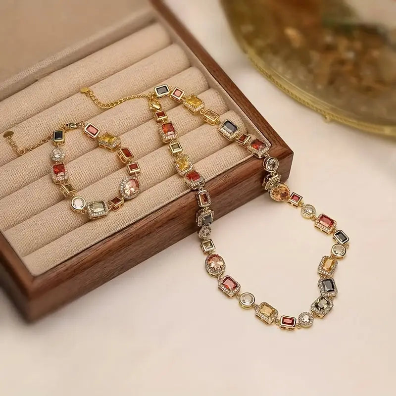 Temperament Entry Lux Diamond Square Bracelet And Necklace Set