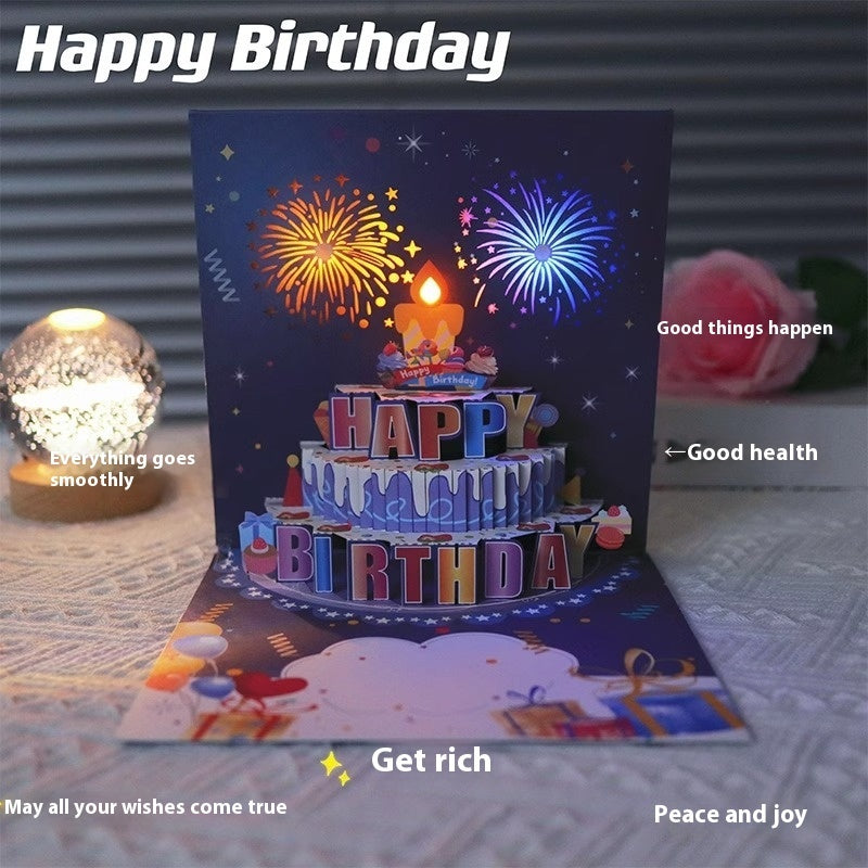 Ins Style Birthday Cake Music Light 3D Stereoscopic Greeting Cards High-end Creative Fireworks Display Effect Audio Card Cross-border