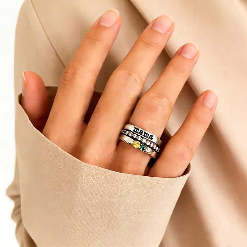 FOR MOTHER-CUSTOM BIRTHSTONES MAMA STACK RING